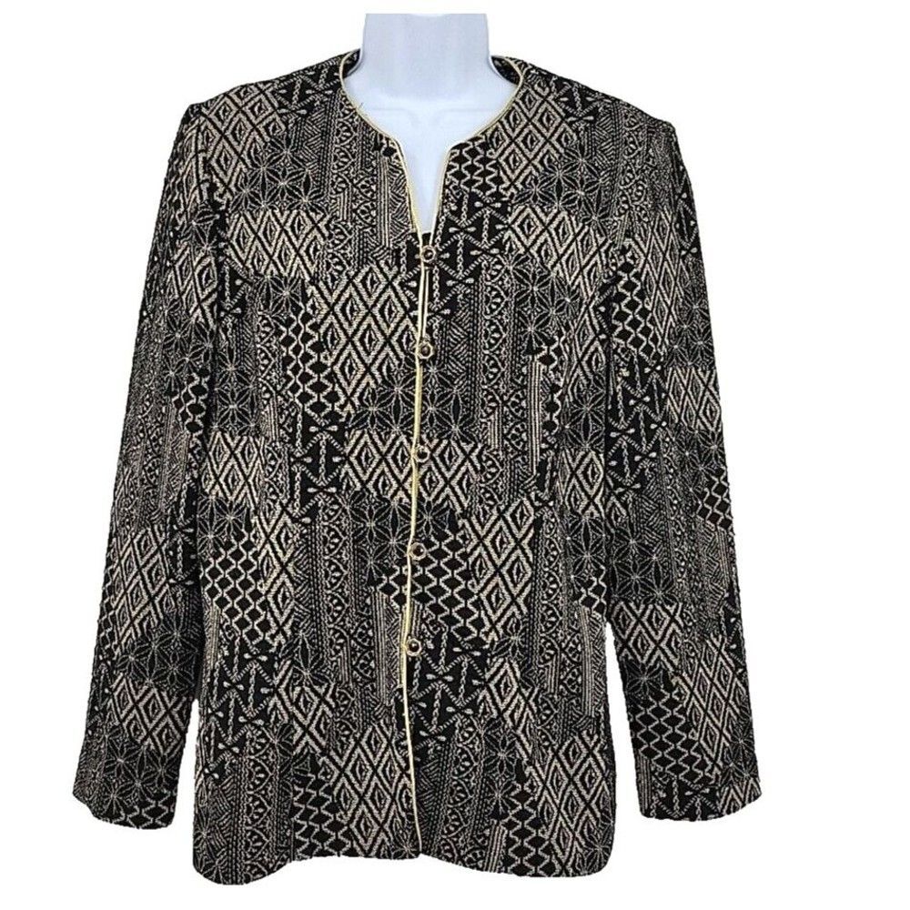 Lady Carol of New York Womens Jacket Size 12 Black Gold Metallic Buttons Lightwe